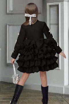 Kız Çocuk V Yaka Kesim Kolları Kurdele Detaylı Kat Kat Kumaş Kabarık Siyah Abiye