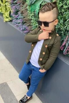 Erkek Çocuk Omzu ve Ceket Yakası Düğme Detaylı Cepli Blazer Ceketli Haki Alt Üst Takım