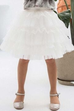 Kız Çocuk Kat Kat Tüllü Etek ve Pulpayet Kaplamalı Gümüş Ceket Etekli Takım