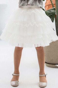 Kız Çocuk Kat Kat Tüllü Etek ve Pulpayet Kaplamalı Gümüş Ceket Etekli Takım