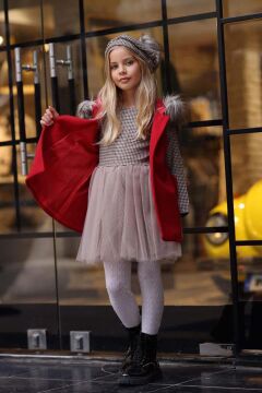 Kız Çocuk Üzeri Kare Desenli Eteği Tüllü Elbise Kürk Detaylı Kolsuz Kırmızı Kaşe