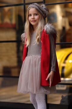 Kız Çocuk Üzeri Kare Desenli Eteği Tüllü Elbise Kürk Detaylı Kolsuz Kırmızı Kaşe