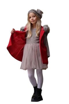 Kız Çocuk Üzeri Kare Desenli Eteği Tüllü Elbise Kürk Detaylı Kolsuz Kırmızı Kaşe