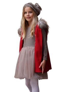 Kız Çocuk Üzeri Kare Desenli Eteği Tüllü Elbise Kürk Detaylı Kolsuz Kırmızı Kaşe