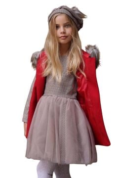 Kız Çocuk Üzeri Kare Desenli Eteği Tüllü Elbise Kürk Detaylı Kolsuz Kırmızı Kaşe