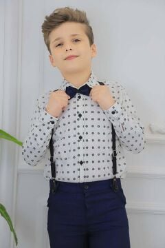 Erkek Çocuk Desenli Gömlek, Papyon ve Askılı Lacivert Pantolon Alt Üst Takım