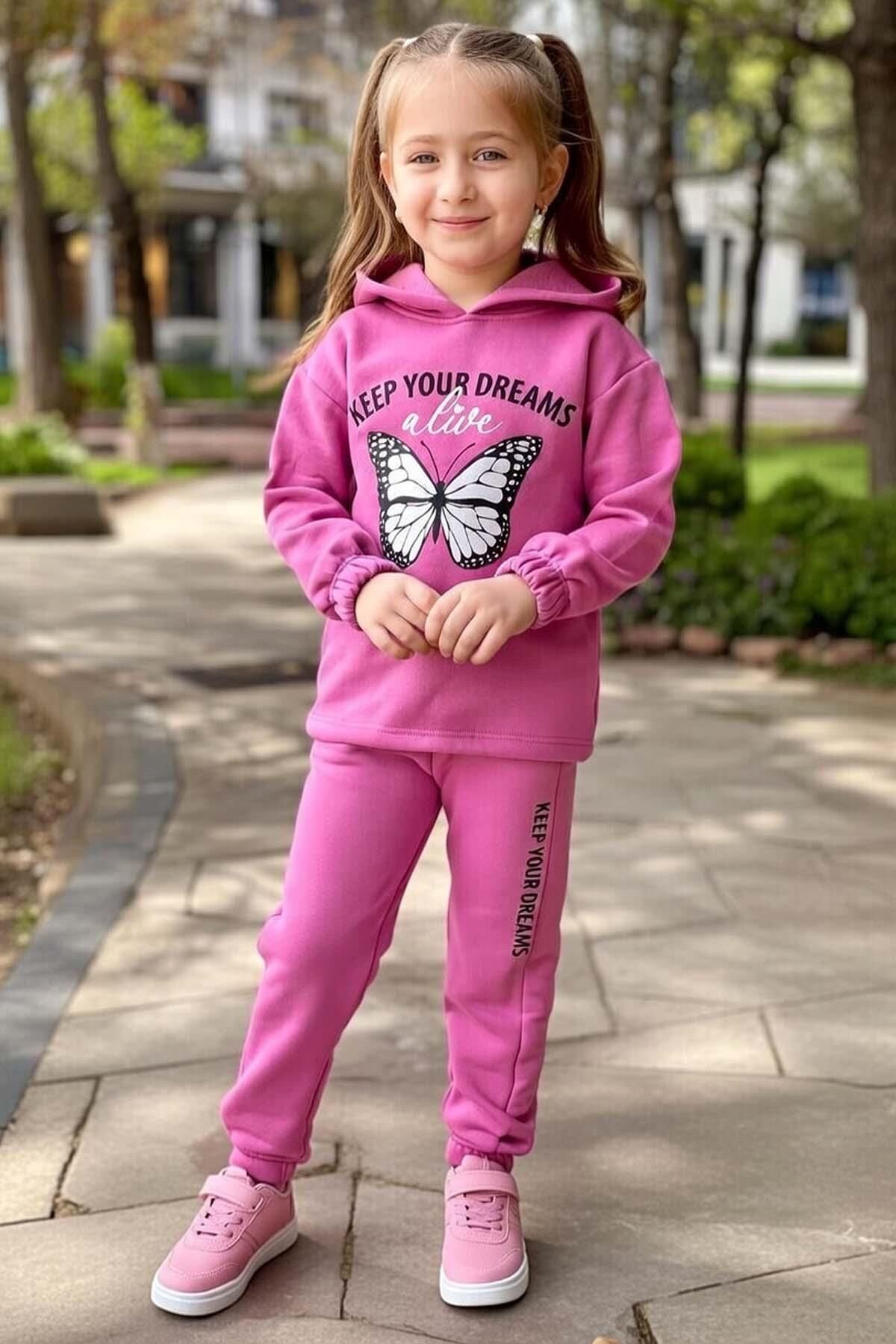 Kız Çocuk Üzeri Kara Kalem Kelebek Baskı ve Yazı Detaylı Sweat Paçası Lastikli Mor Eşofman Takım