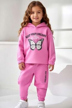Kız Çocuk Üzeri Kara Kalem Kelebek Baskı ve Yazı Detaylı Sweat Paçası Lastikli Mor Eşofman Takım