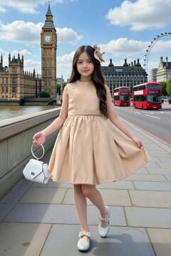 Kız Çocuk Sırt Bağlamalı Halter Yaka Elmas Taş Detaylı Kolsuz Bej Elbise