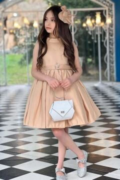 Kız Çocuk Sırt Bağlamalı Halter Yaka Elmas Taş Detaylı Kolsuz Bej Elbise