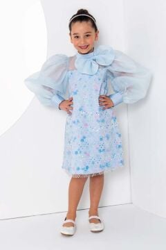 Kız Çocuk Üzeri Çiçek Pulpayet İşlemeli Omuzda Fiyonk Detaylı Şeffaf Tül Balon Kollu Mavi Elbise