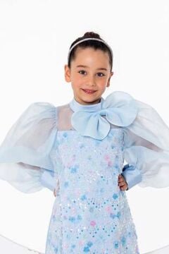 Kız Çocuk Üzeri Çiçek Pulpayet İşlemeli Omuzda Fiyonk Detaylı Şeffaf Tül Balon Kollu Mavi Elbise