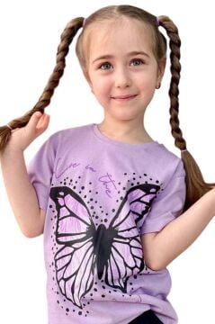 Kız Çocuk Kara Kalem Kelebek Baskılı Penye Lila T-Shirt Şortlu Takım