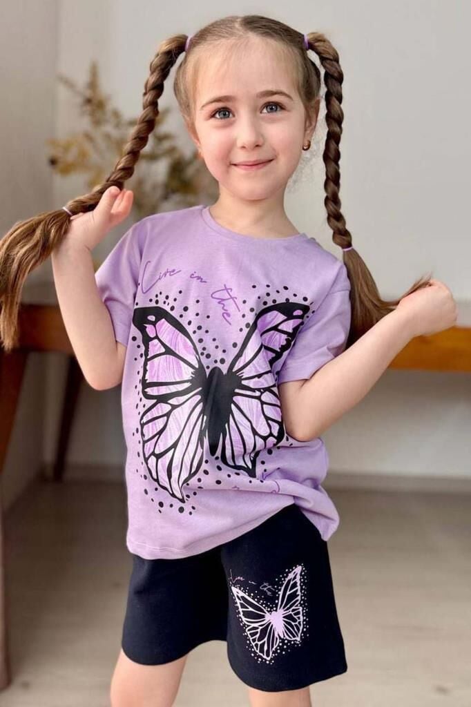 Kız Çocuk Kara Kalem Kelebek Baskılı Penye Lila T-Shirt Şortlu Takım