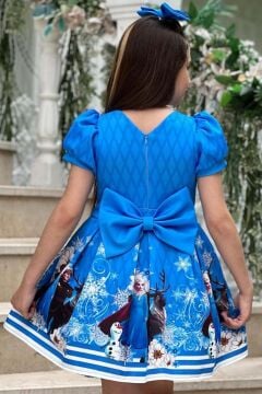 Kız Çocuk Karlar Prensesi Elsa Baskılı Mavi Elbise