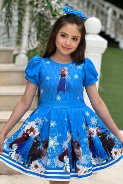 Kız Çocuk Karlar Prensesi Elsa Baskılı Mavi Elbise