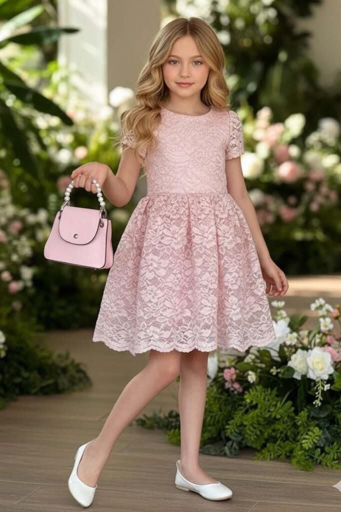 Kız Çocuk Üzeri Dantel İşlemeli İçi Astarlı Simli Pudra Abiye