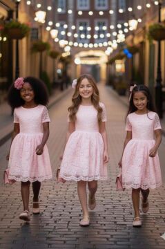 Kız Çocuk Üzeri Dantel İşlemeli İçi Astarlı Simli Pudra Abiye