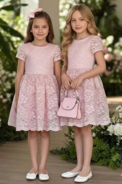 Kız Çocuk Üzeri Dantel İşlemeli İçi Astarlı Simli Pudra Abiye