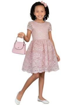 Kız Çocuk Üzeri Dantel İşlemeli İçi Astarlı Simli Pudra Abiye