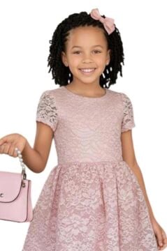 Kız Çocuk Üzeri Dantel İşlemeli İçi Astarlı Simli Pudra Abiye