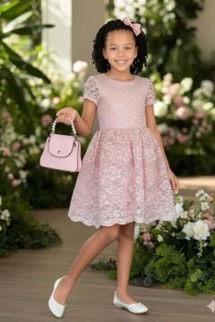 Kız Çocuk Üzeri Dantel İşlemeli İçi Astarlı Simli Pudra Abiye