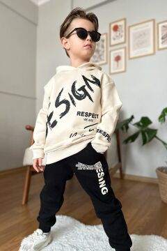 Erkek Çocuk Çift Baskılı Respect Design Yazı Şardonlu Siyah Alt Eşofman Takım
