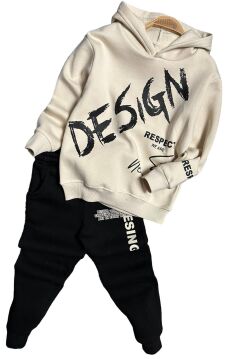 Erkek Çocuk Çift Baskılı Respect Design Yazı Şardonlu Siyah Alt Eşofman Takım