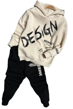 Erkek Çocuk Çift Baskılı Respect Design Yazı Şardonlu Siyah Alt Eşofman Takım