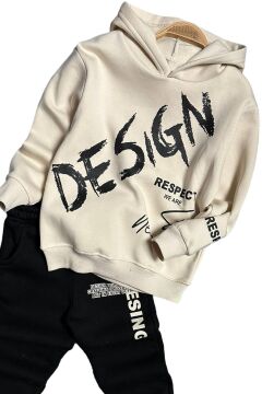 Erkek Çocuk Çift Baskılı Respect Design Yazı Şardonlu Siyah Alt Eşofman Takım