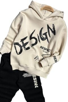 Erkek Çocuk Çift Baskılı Respect Design Yazı Şardonlu Siyah Alt Eşofman Takım