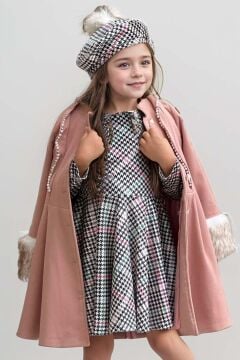 Kız Çocuk Kazayağı Desen Elbise Kolları Peluş ve Omuzları İnci İşleme Kemerli Pembe Kaşe Kaban