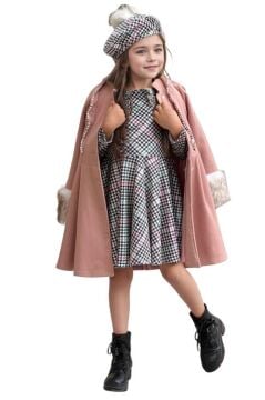 Kız Çocuk Kazayağı Desen Elbise Kolları Peluş ve Omuzları İnci İşleme Kemerli Pembe Kaşe Kaban