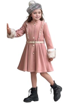 Kız Çocuk Kazayağı Desen Elbise Kolları Peluş ve Omuzları İnci İşleme Kemerli Pembe Kaşe Kaban