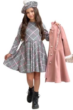 Kız Çocuk Kazayağı Desen Elbise Kolları Peluş ve Omuzları İnci İşleme Kemerli Pembe Kaşe Kaban