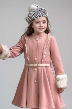 Kız Çocuk Kazayağı Desen Elbise Kolları Peluş ve Omuzları İnci İşleme Kemerli Pembe Kaşe Kaban