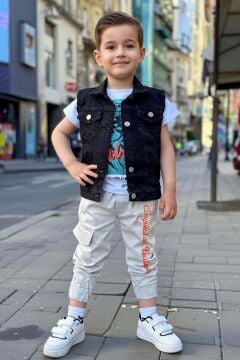 Erkek Çocuk Digital Kaplan Baskılı T-shirt Sırt Baskılı Sıfır Siyah Jean Ceket Alt Üst Takım