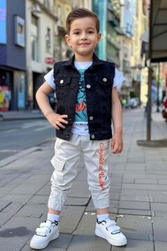 Erkek Çocuk Digital Kaplan Baskılı T-shirt Sırt Baskılı Sıfır Siyah Jean Ceket Alt Üst Takım
