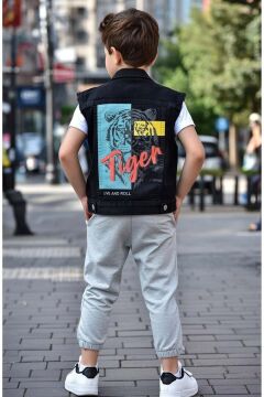Erkek Çocuk Digital Kaplan Baskılı T-shirt Sırt Baskılı Sıfır Siyah Jean Ceket Alt Üst Takım