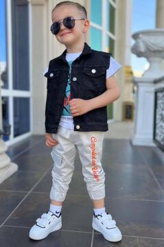 Erkek Çocuk Digital Kaplan Baskılı T-shirt Sırt Baskılı Sıfır Siyah Jean Ceket Alt Üst Takım