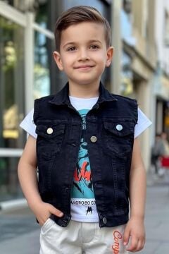 Erkek Çocuk Digital Kaplan Baskılı T-shirt Sırt Baskılı Sıfır Siyah Jean Ceket Alt Üst Takım