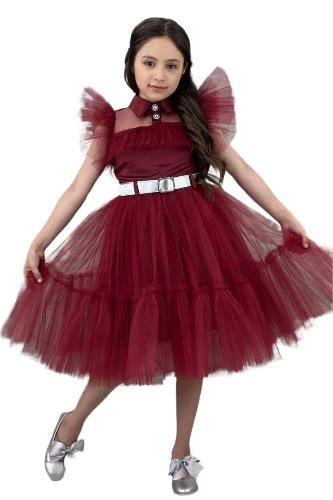 Kız Çocuk Gömlek Yaka Göğsü Ve Kolları Tül Detaylı Wednesday Bordo Elbise