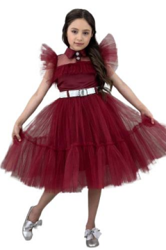 Kız Çocuk Gömlek Yaka Göğsü Ve Kolları Tül Detaylı Wednesday Bordo Elbise