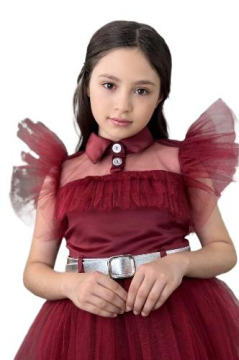 Kız Çocuk Gömlek Yaka Göğsü Ve Kolları Tül Detaylı Wednesday Bordo Elbise