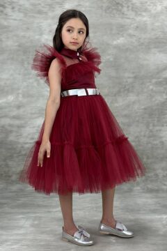 Kız Çocuk Gömlek Yaka Göğsü Ve Kolları Tül Detaylı Wednesday Bordo Elbise