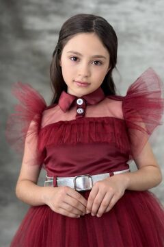 Kız Çocuk Gömlek Yaka Göğsü Ve Kolları Tül Detaylı Wednesday Bordo Elbise