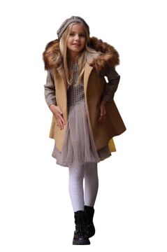 Kız Çocuk Üzeri Kare Desenli Eteği Tüllü Elbise Kürk Detaylı Kolsuz Kahverengi Kaşe