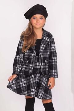 Kız Çocuk Ekose Desenli Blazer Ceket ve Siyah Etekli Takım