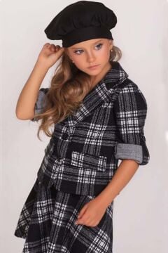 Kız Çocuk Ekose Desenli Blazer Ceket ve Siyah Etekli Takım