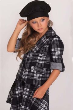 Kız Çocuk Ekose Desenli Blazer Ceket ve Siyah Etekli Takım